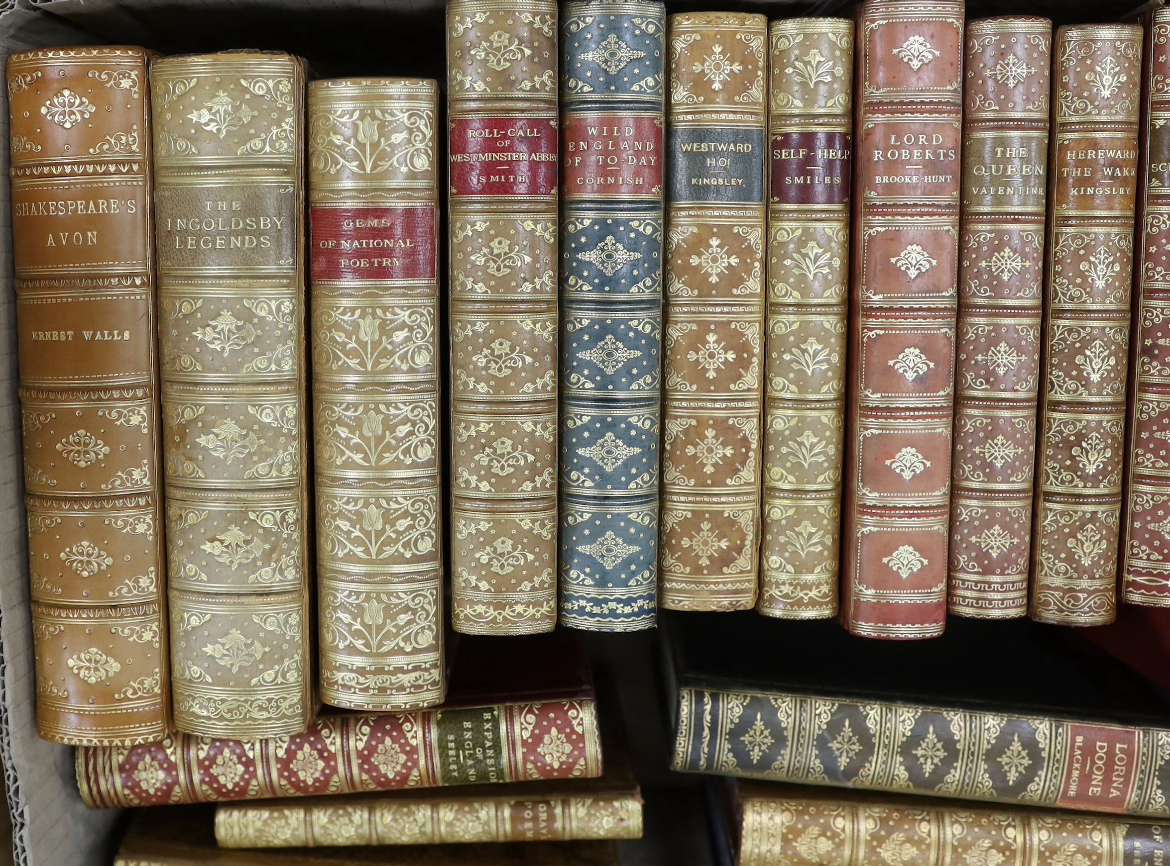 Calf bindings - 19 vols, some prize bindings with gilt armorials, mostly cr. 8vo. later 19th / earlier 20th century (19)